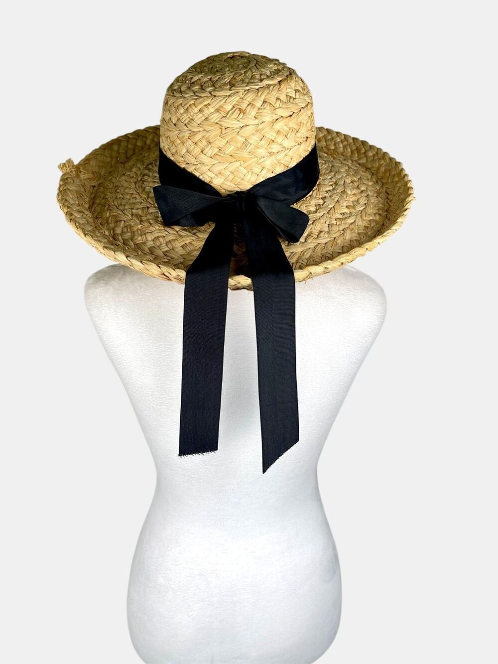 Vintage 80s/90s Jennifer Moore Woven Straw Hat Wide Brim Black Bow Cottagecore